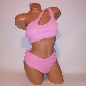 Victoria Secret Swim Bikini Large Top Medium Bottom Pink Smocked Ribbed One Shou
